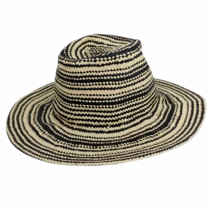 14th & Union One Size Woven Striped Black Natural Wide Brim Boho Chic Straw Hat - Picture 1 of 5