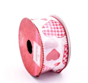 Valentine Country Heart Ribbon,Mesh White,Plaid Hearts,Polyester,1.5"x12ft. - Picture 1 of 2