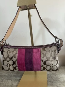 Coach Sig C Canvas & Pink Purple Suede Baguette Shoulder Bag Demi Purse Y2K - Picture 1 of 8