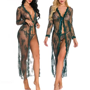 Sexy Women Lingerie Long Lace Kimono Robe Dress Sheer Gown See-Through Sleepwear - Picture 1 of 47