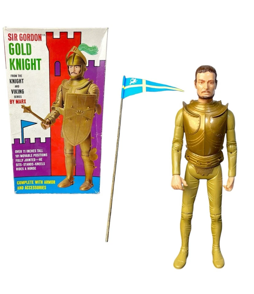 Figura de acción vintage 1970 Marx Sir Gordon Gold Knight Banner Staff Box manual Foto 1 de 4