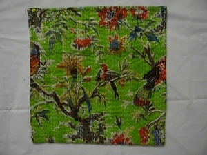 CU154 KIWI GREEN KANTHA PILLOW COVER IMPORTED INDIA 15.5 X 15.5 BIRD PATTERN - Picture 1 of 2