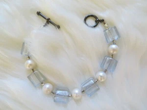 White Pearl Blue Square Bead Bracelet, 8 1/2" - Picture 1 of 3