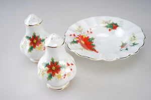 Royal Albert YULETIDE (Poinsettia) Salt & Pepper Shakers + Round Sweet Dish 4.75 - Picture 1 of 6