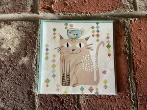 RARE Papyrus 3D Blank Card Embossed Cat Gel Fish Bowl Jewel Heart Gold Foil - Picture 1 of 5