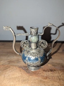 Antike orientalische chinesische tibetische Schmetterling, Frosch, Drachenstein & Silber Teekanne - Bild 1 von 11