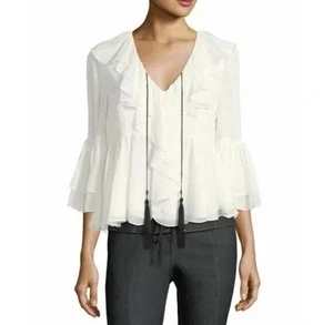 Blusa de seda con volantes y borlas en negro marfil CINQ À SEPT para mujer XS con cuello en V - Imagen 1 de 5