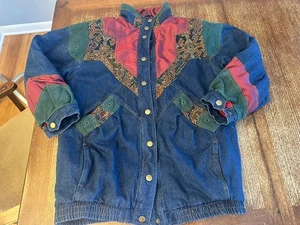 Vintage 90s Two Twenty Denim Overcoat Jacquard Aztec Denim Dark Wash Size Large - Picture 1 of 12