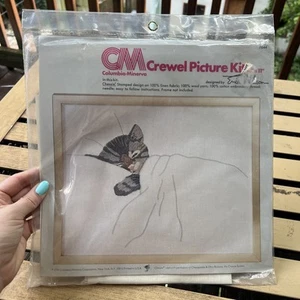 Chesse The Gray Kitty 14x9 Crewel Kit Vintage Unopened Columbia Minerva 1978 Kit - Picture 1 of 7