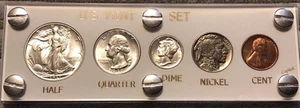 1937 5 Coin US Silver Mint Set White Capital Holder Gem BU Coins Display Box - Picture 1 of 7