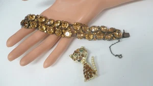 Nachlass klobiges bräunlich signiertes Österreich Strass Armband, Katze Brosche - Bild 1 von 18