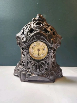 Antique Cast Iron Mantel Clock Ornate Art Nouveau Black 10" Metal - Image 1 of 4