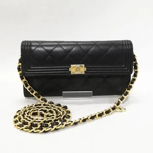CHANEL Boy Caviar Skin Long Wallet Black Gold Hardware Shoulder Used Japan - Picture 1 of 6