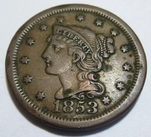 Nice 1853 Braided Hair Large Cent Fine F Condition Uniformly Toned Free Shipping - Picture 1 of 12