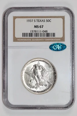 1937-S TEXAS COMMEMORATIVE HALF DOLLAR NGC MS67 CAC VERY PQ! - Image 1 of 2