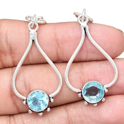 Swiss Blue Quartz Gemstone Gift For Her Silver Jewelry Earrings 2.5" - Image 1 of 4