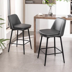 2 Set 25.6" Counter Height PU Leather Swivel Bar Stools Kitchen Pub Chairs Gray - Picture 1 of 9