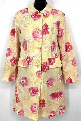 Gabardina Esprit para mujer pequeña amarilla rosa floral con botones cuello delantero Foto 1 de 4