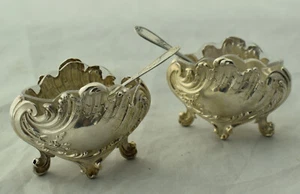 Pair FRENCH Silver Master OPEN SALT Cellar Bombe Jard SPOONS Glass Liner - Picture 1 of 9