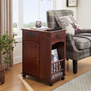 Walnut End Table with Wheels Narrow Side Table w/USB Ports & Outlets Nightstand - Picture 1 of 19
