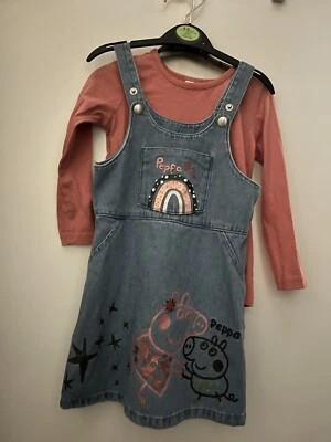 Girls Peppa Pig Denim Pinafore Dress & t-shirt  2-3 Years Summer - Image 1 of 3
