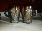 Two Antique Dugan Carnival Glass handled cups Beaded Shell Pattern in Amethyst