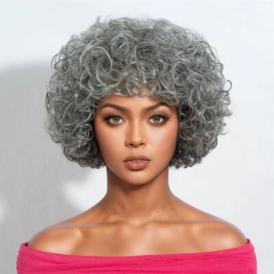 Peluca corta de cabello humano gris rizado con flequillo sin pegamento Wear & Go Foto 1 de 4