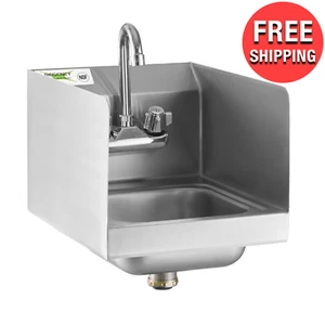 Commercial Wall Mounted Hand Sink w/ Gooseneck Faucet and Side Splash 12" x 16"  - Picture 1 of 10