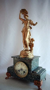Reloj francés Art Nouveau base de mármol azul gota dorada de las rosas - Imagen 1 de 15