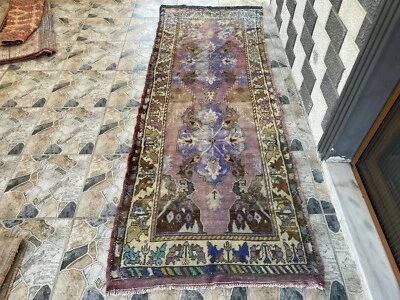 Oushak Geometric Vintage Turkish Rug Handmade Farmhouse Oriental Rug 3.2x9 ft - Image 1 of 4