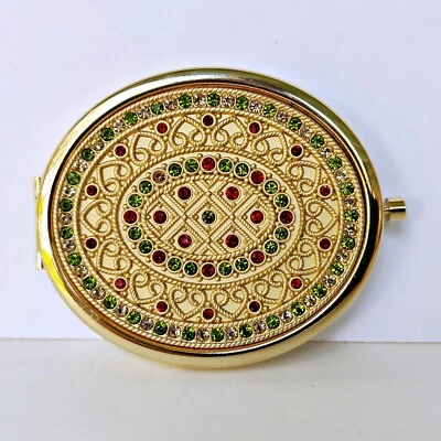 Mirror Compact - Oval with Red Green and Clear Crystals - Gold Plated - Signed - Image 1 of 4