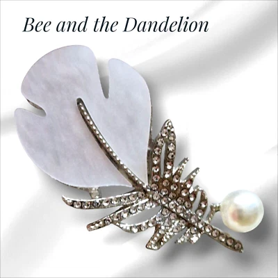 Acrylic And Faux Pearl With Small Crystal Rhinestones Feather Silver Tone Brooch - Image 1 of 4