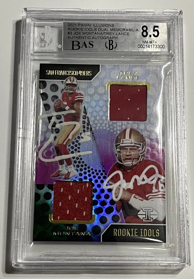Camiseta autografada 2021 Panini Illusion Rookie Idol Trey Lance Joe Montana BGS 8.5/9 - Imagem 1 de 2