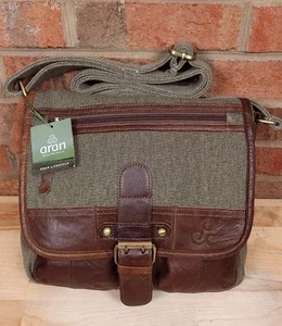Classic Aran Woolen Mills Single Buckle Tweed Canvas Leather Satchel Purse Bag - Picture 1 of 8
