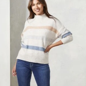 LUMIÈRE Wool Blend Elegant Striped Turtleneck Sweater - Cream, Blue, Tan 3X - Picture 1 of 8