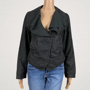 CAbi #901 Wax Coated Ruffled Linen Moto Blazer Jacket SMALL Gray Black - Picture 1 of 8