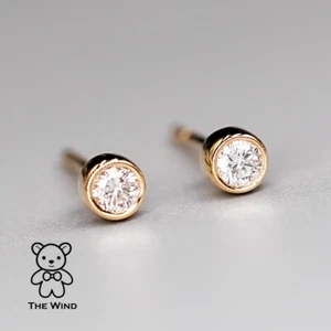 Dainty Round Brilliant Natural Diamond Bezel Stud Earrings 18K Yellow Gold - Picture 1 of 11