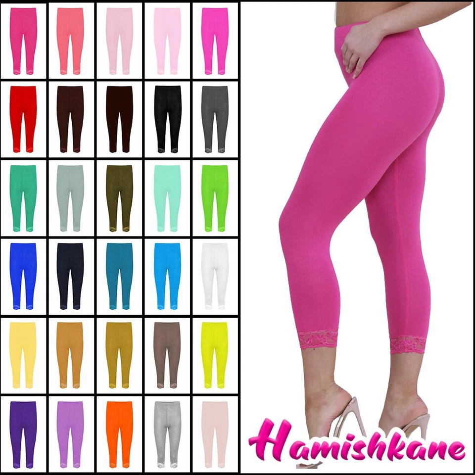 Womens Lace Trim Crop Leggings Ladies Stretch Plain 3/4 Capri Gym Active Pants - Image 1 of 1