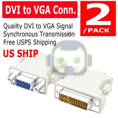 2x DVI-I Male Analog (24+5) to VGA Female (15-pin) Connector Adapter Desktop PCs - Image 1 of 4
