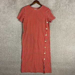 Zara Trafaluc Tee Dress Size Small Red Stripe Side Button Short Sleeve Midi Knit - Picture 1 of 10