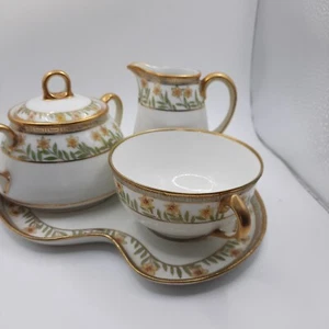 Snack Plate & Tea Cup Set Cream And Sugar Hand Painted Nippon Yellow Flowers Gol - Picture 1 of 17