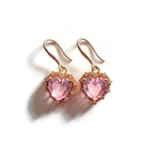 Simulated Pink Tourmaline & Moissanite Heart Hook Earrings, Pure 10K Yellow Gold - Picture 1 of 5