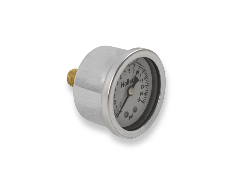 Holley 26-504 Chrome Liquid-Filled Fuel Pressure Gauge 0-15PSI White Face 1/8NPT - Image 1 of 1