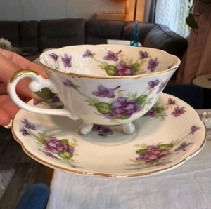 Vintage Lefton Teetasse mit Fuß & Untertasse Veilchen Japan Mid Century Retro Goldrand - Bild 1 von 13