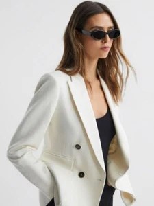 REISS Larsson Double Breasted Twill Blazer Jacket in White - Picture 1 of 6