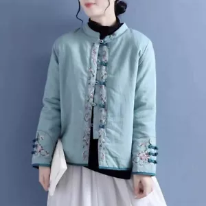 Women Short Padded Coat Quilted Jacket Chinese Embroidery Floral Frog Button Top - Picture 1 of 10