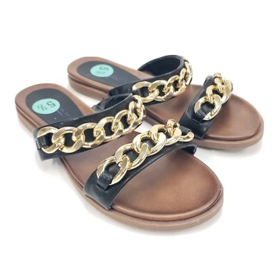 Tahari Rosabel Womens Sandals Size 5.5 Black Tan Gold Chain Accent Vegan Leather - Image 1 of 4