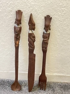 Job Lot 3 Rustic Wooden Wall Kitchen Décor Wooden Spoon Knife Fork 39 Cm H - Picture 1 of 12