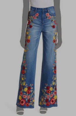 $695 Alice + Olivia Women's Blue Embroidered Wide-Leg Jeans Pants Size 25 - Image 1 of 3