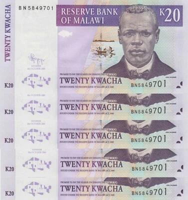 LOT, Malawi 20 Kwacha (31.10.2009) p-52d UNC x 5 PCS - Image 1 of 3